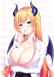  :d arm_under_breasts black_horns black_wings blonde_hair blush breast_hold breast_tattoo breasts center_frills collarbone collared_shirt commentary_request curled_horns demon_girl demon_horns demon_wings female fingernails frilled_shirt frills green_eyes heart heart_background highres hololive horn_ornament horn_ring horns jacket large_breasts long_hair long_sleeves looking_at_viewer open_clothes open_jacket open_mouth pink_shirt pointy_ears shirt single_sidelock sleeves_past_wrists smile solo swept_bangs tattoo upper_body very_long_hair virtual_youtuber white_background white_jacket winged_heart wings yuunagi_(0217) yuzuki_choco yuzuki_choco_(1st_costume) 