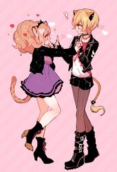  2girls ? animal_ears bad_id bad_pixiv_id big_hair black_choker black_footwear black_jacket black_shorts blonde_hair blush boots brown_legwear cheetah_girl choker citti_(show_by_rock!!) closed_mouth dress eye_contact fingerless_gloves from_side gloves heart high_heel_boots high_heels holding_hands index_finger_raised jacket jewelry koi_dance laina_(show_by_rock!!) leather leather_jacket light_brown_hair lion_girl long_sleeves looking_at_another mamaloni multiple_girls necklace pantyhose pink_background profile purple_dress shirt short_dress short_hair short_shorts shorts show_by_rock!! smile standing standing_on_one_leg tail white_shirt yuri 