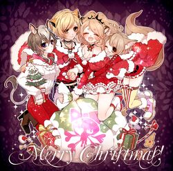  4girls :d animal_ears bad_id bad_pixiv_id black_choker blonde_hair blush boots breasts brown_footwear brown_hair candy candy_cane cheetah_girl choker citti_(show_by_rock!!) cleavage closed_eyes closed_mouth fennery_(show_by_rock!!) fingernails food fur_trim gift high_heel_boots high_heels hug hug_from_behind jewelry kneeling laina_(show_by_rock!!) legs_together lion_girl mamaloni merry_christmas multiple_girls nail_polish necklace open_mouth pants purple_eyes red_nails red_pants sack shoes show_by_rock!! smile tail thighhighs zebrina_(show_by_rock!!) 