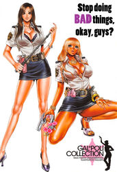  2girls animal_print baton_(weapon) belt bracelet breasts brown_eyes brown_hair dark-skinned_female dark_skin expandable_baton fingernails flower galspolice_24h ganguro gun handgun high_heels highres jewelry large_breasts leopard_print lips long_fingernails long_hair long_legs looking_at_viewer miniskirt multiple_girls nail_polish open_mouth orange_hair pencil_skirt photoshop_(medium) police police_uniform policewoman skirt tabe_koji trigger_discipline uniform weapon 