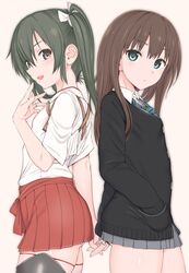  2girls back-to-back blush brown_hair cardigan commentary_request cowboy_shot crossover green_eyes green_hair hair_ribbon hakama hakama_short_skirt hakama_skirt hand_in_pocket highres holding_hands idolmaster idolmaster_cinderella_girls japanese_clothes kantai_collection long_hair looking_at_viewer makabe_gorou miko multiple_girls necktie open_mouth red_skirt ribbon school_uniform shibuya_rin skirt smile twintails white_ribbon zuikaku_(kancolle) 