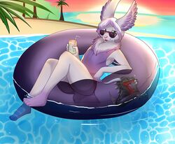  2015 anthro bad_dragon beach beverage canid canine chest_tuft clothing detailed_background eyewear femboy fennec_fox floaty food fox fur green_eyes grey_body grey_fur hair inflatable keilet male mammal neck_tuft one-piece_swimsuit outside plantigrade pool_toy purple_clothing purple_swimwear reclining relaxing sand sea seaside sky smile solo sunglasses sunset sweetpupperoo swim_ring swimwear true_fox tuft water 