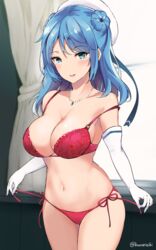  bad_anatomy blue_eyes blue_hair bra breasts cleavage collarbone commentary_request double_bun duplicate elbow_gloves female gloves hair_bun hat indoors kantai_collection large_breasts long_hair looking_at_viewer panties pixel-perfect_duplicate red_bra red_panties sailor_hat side-tie_panties skindentation smile solo strap_slip takaharu twitter_username underwear urakaze_(kancolle) white_gloves white_hat window 