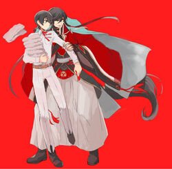  2boys black_hair blue_eyes braid clenched_teeth commentary_request finger_to_mouth full_body furutachirikonbu hakama hakama_skirt horikawa_kunihiro izumi-no-kami_kanesada japanese_clothes long_hair male_focus multiple_boys open_mouth ribbon side_braid skirt teeth touken_ranbu towel very_long_hair 