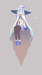  black_thighhighs blue_bow blue_eyes blue_footwear blue_hair blue_skirt boots bow cait_aron cape character_name cloak commentary dated female fingerless_gloves gloves hair_ribbon hat hat_bow hatsune_miku highres large_hat light_blue_hair long_hair looking_at_viewer miniskirt necktie photoshop_(medium) purple_gloves ribbon shirt sitting skirt sleeveless sleeveless_shirt smile snowflake_ornament solo suki!_yuki!_maji_magic_(vocaloid) thighhighs treble_clef twintails very_long_hair vocaloid white_cloak white_hat white_shirt witch_hat yellow_necktie yuki_miku yuki_miku_(2014) 