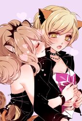  2girls bad_id bad_pixiv_id bare_shoulders big_hair black_choker black_jacket blonde_hair blush breasts brown_hair cheetah_girl choker citti_(show_by_rock!!) cleavage closed_eyes from_side heart hug hug_from_behind jacket jewelry laina_(show_by_rock!!) lion_girl mamaloni multiple_girls necklace oerba_yun_fang open_clothes open_jacket open_mouth pink_background show_by_rock!! tears yellow_eyes yuri 