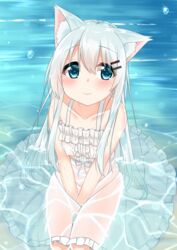  animal_ear_fluff animal_ears bare_arms bare_shoulders between_legs blue_eyes blush cacao_(chocolat) cat_ears chocola_(cacao) collarbone commentary_request dress female from_above grey_hair hair_between_eyes hair_ornament hairclip hand_between_legs highres long_hair looking_at_viewer original shallow_water sitting smile solo sundress v_arms very_long_hair water water_drop wet wet_clothes wet_dress wet_hair white_dress 