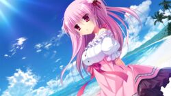  beach front_wing game_cg innocent_girl long_hair midou_konoka nanaca_mai pink_eyes pink_hair sky water 