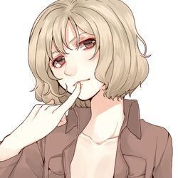  :&lt; blonde_hair brown_eyes brown_hair closed_mouth collar collarbone collared_shirt commentary_request curry_gohan female finger_to_mouth head_tilt hitch_dreyse jacket light_smile looking_at_viewer lowres open_clothes open_jacket open_shirt pinky_out pocket red_eyes shingeki_no_kyojin shirt short_hair simple_background solo upper_body white_background 