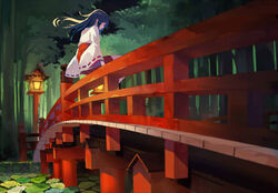  back black_eyes black_hair bridge commentary_request female forest from_side hakama hakama_skirt japanese_clothes lantern lily_pad long_hair long_sleeves looking_at_viewer looking_back miko nature on_railing original outdoors railing ribbon-trimmed_sleeves ribbon_trim sitting skirt solo wind wooden_lantern yasumo_(kuusouorbital) 