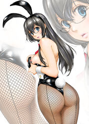  animal_ears ass back bare_shoulders bespectacled black_hair black_leotard black_pantyhose blue_eyes bow bowtie breasts censored commentary detached_collar ears_visible_through_hair eyelashes fake_animal_ears female fishnet_pantyhose fishnets flashing from_behind glasses hair_between_eyes highleg highleg_leotard kantai_collection legs legs_together leotard leotard_pull long_hair looking_at_viewer looking_back medium_breasts mosaic_censoring ooyodo_(kancolle) open_mouth pantyhose parted_lips pink_lips playboy_bunny pointless_censoring pulling_own_clothes rabbit_ears rabbit_tail semi-rimless_eyewear shinobu_(tyno) shiny_skin shoulder_blades solo standing strapless strapless_leotard tail thighs under-rim_eyewear wrist_cuffs zoom_layer 