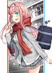  aqua_eyes bag blazer blurry blurry_background blush candy commentary_request darling_in_the_franxx female food hairband hiro_(darling_in_the_franxx) hiroki_(hirokiart) horns jacket lollipop long_hair looking_at_viewer necktie oerba_yun_fang open_mouth petals pink_hair pleated_skirt red_scarf scarf school_uniform skirt solo walking white_hairband zero_two_(darling_in_the_franxx) 