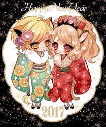  2017 2girls animal_ears bad_id bad_pixiv_id big_hair blonde_hair blush brown_hair cheetah_girl citti_(show_by_rock!!) floral_print fur_collar green_kimono hand_grab happy_new_year heart japanese_clothes kimono laina_(show_by_rock!!) lion_girl long_sleeves mamaloni multiple_girls new_year obi parted_lips platform_footwear red_eyes red_kimono sandals sash show_by_rock!! sleeves_past_wrists socks tail tears white_legwear wide_sleeves yellow_eyes yuri 