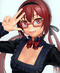  bow breasts cleavage commentary detached_collar female frills glasses hair_ribbon hairband joukamachi_no_dandelion lasterk light_smile long_hair long_sleeves looking_at_viewer low_twintails red-framed_eyewear red_eyes red_hair ribbon sakurada_akane scarlet_bloom simple_background small_breasts smile solo twintails upper_body v very_long_hair 