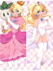  bangs bare_shoulders blonde_hair blue_eyes crown dakimakura dress earrings elbow_gloves eyebrows_visible_through_hair female gloves jewelry leotard lips long_hair lying mario_(series) multiple_views nintendo on_back parted_lips pink_dress princess_peach puffy_short_sleeves puffy_sleeves queen_ashi see-through short_sleeves thighhighs thighs turnip white_gloves white_legwear white_leotard 