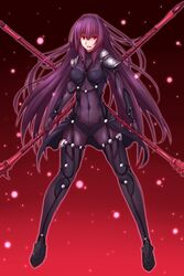  armor bodysuit breasts commentary_request covered_navel dual_wielding fate/grand_order fate_(series) female full_body gae_bolg_(fate) highres holding holding_weapon large_breasts long_hair pauldrons polearm purple_bodysuit purple_hair red_eyes scathach_(fate) shoulder_armor solo spear tnk_(p_freaks) very_long_hair weapon 