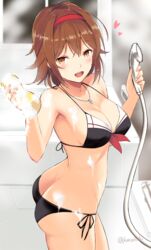  ass bathroom bikini black_bikini blush breasts brown_eyes brown_hair collarbone commentary_request cowboy_shot duplicate female headband heart jewelry kantai_collection looking_at_viewer looking_back medium_breasts necklace open_mouth pixel-perfect_duplicate red_headband ring sailor_bikini sailor_collar shiratsuyu_(kancolle) shiratsuyu_(swimsuit)_(kancolle) short_hair shower_head showering side-tie_bikini_bottom solo sponge standing steam swimsuit takaharu twitter_username wedding_ring 