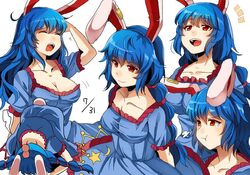  :d :t ^^^ alternate_hairstyle animal_ears arm_up bad_id bad_twitter_id blue_dress blue_hair breasts cleavage closed_eyes closed_mouth collarbone crescent dated dress female hair_between_eyes hair_down head_bump long_hair medium_breasts multi-tied_hair multiple_views notice_lines open_mouth pout rabbit_ears red_eyes sameya seiran_(touhou) short_sleeves simple_background smile star_(symbol) tears touhou twintails white_background yawning 