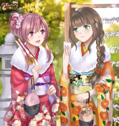  2girls :d arrow_(projectile) bad_id bad_pixiv_id blush braid brown_hair copyright_name day floral_print green_eyes hair_over_shoulder hamaya hatsumoude japanese_clothes kimono kusunokinawate looking_at_another multiple_girls new_year obi official_art omc open_mouth orange_kimono outdoors pink_eyes pink_kimono pouch sash smile stone_lantern 