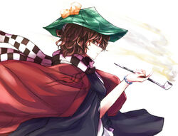  animal_ears bow bracelet brown_eyes brown_hair checkered commentary_request female futatsuiwa_mamizou glasses haori hat japanese_clothes jewelry kiseru looking_at_viewer profile raccoon_ears rhapsode scarf smoke smoking_pipe touhou 