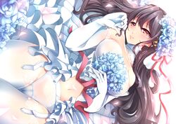  aata1007 babydoll bare_shoulders black_hair blush breasts bridal_veil bride cameltoe commentary_request elbow_gloves female flower garter_straps gloves hair_flower hair_ornament haruna_(kancolle) highres kantai_collection lace lace-trimmed_legwear lace_trim large_breasts long_hair looking_at_viewer navel panties smile solo thighhighs underwear veil white_gloves white_panties white_thighhighs 