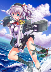  :o aircraft airplane ankle_boots beret black_hat black_skirt black_socks blue_eyes blue_panties blue_sky blush boots bow bowtie breasts cannon cloud commentary_request contrail crying crying_with_eyes_open day epaulettes female finger_to_mouth gloves grey_footwear grey_hair hat hat_bow horizon kantai_collection kashima_(kancolle) kneehighs large_breasts looking_at_viewer machinery military military_uniform number10_(hagakure) ocean panties photoshop_(medium) pleated_skirt red_bow red_bowtie running short_twintails skirt skirt_tug sky socks solo splashing tears turret twintails underwear uniform upskirt water wavy_hair white_gloves 