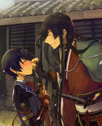  2boys black_hair blush braid closed_eyes commentary_request earrings furutachirikonbu grin horikawa_kunihiro izumi-no-kami_kanesada japanese_clothes jewelry katana male_focus multiple_boys nose_pinch petals side_braid smile stud_earrings sword touken_ranbu wakizashi wavy_mouth weapon 