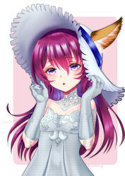  animal_ears bare_shoulders commentary_request detached_collar dog_ears dress elbow_gloves elin female gloves hands_on_headwear hat highres kumehara_chiyota long_hair open_mouth purple_eyes purple_hair solo strapless strapless_dress sun_hat tera_online upper_body white_dress white_gloves 