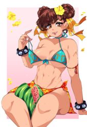  alternate_costume bare_shoulders bikini bikini_pull border bracelet breasts brown_hair chun-li clothes_pull commentary_request double_bun feet_out_of_frame female food fruit hair_bun hair_ribbon highres jewelry large_breasts licking_lips lifting_own_clothes looking_at_viewer nail_polish navel orange_ribbon parted_lips pink_background pink_nails queen_ashi ribbon sitting solo spiked_bracelet spikes street_fighter swimsuit tongue tongue_out watermelon watermelon_between_thighs white_border 