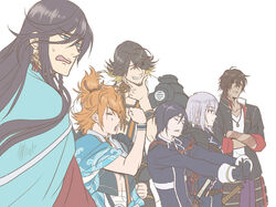  6+boys applemac black_gloves black_hair blonde_hair blue_eyes brown_hair closed_eyes commentary_request crossed_arms earrings gloves grin honebami_toushirou izumi-no-kami_kanesada japanese_clothes jewelry male_focus military military_uniform multicolored_hair multiple_boys nagasone_kotetsu ookurikara orange_hair photoshop_(medium) smile tattoo touken_ranbu two-tone_hair uniform urashima_kotetsu white_hair yagen_toushirou yellow_eyes 