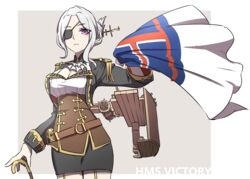  ascot bad_id bad_pixiv_id belt cane cleavage_cutout clothing_cutout epaulettes eyepatch female flag garter_straps grey_hair hair_bun hair_ornament highres looking_at_viewer lulu_heika military mole mole_under_eye parted_lips pencil_skirt purple_eyes single_hair_bun skirt solo underbust victory_(warship_girls_r) warship_girls_r 