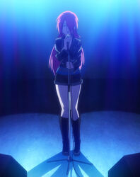  anime_screenshot black_footwear blue_eyes boots charlotte_(anime) female hair_over_one_eye highres knee_boots long_hair microphone microphone_stand red_hair sara_shane solo 