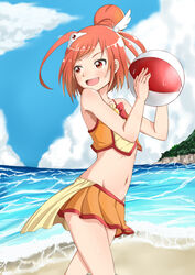  :d adapted_costume ball bare_shoulders beach beachball bikini blue_sky cloud commentary_request cure_sunny day female hair_bun hair_ornament happy highres hino_akane_(smile_precure!) looking_back magical_girl midriff naginoya navel ocean oerba_yun_fang open_mouth orange_eyes orange_hair outdoors precure ribbon short_hair single_hair_bun sky smile smile_precure solo standing swimsuit water waves 