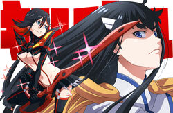  2girls black_hair blue_eyes breasts commentary_request epaulettes kill_la_kill kiryuuin_satsuki long_hair matoi_ryuuko medium_breasts multicolored_hair multiple_girls school_uniform scissor_blade_(kill_la_kill) senketsu serafuku seven_(11) short_hair skirt smile suspenders sword thighhighs two-tone_hair weapon 