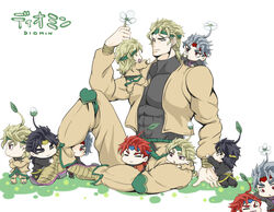  6+boys :&gt; ahoge_grab bad_id bad_pixiv_id birthmark black_hair blonde_hair chibi closed_eyes cosplay crossed_arms dio_brando ear_birthmark grey_hair headband holding jacket jojo_no_kimyou_na_bouken knee_pads mini_person miniboy multiple_boys multiple_persona neko_nami83 on_shoulder parody pikmin_(creature) pikmin_(creature)_(cosplay) pikmin_(series) pointy_footwear red_hair shoes sitting sprout_on_head stardust_crusaders turtleneck 