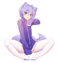  1boy :3 :p ahoge animal_ears bottomless cat_ears cat_tail commentary cookie_run full_body humanization light_purple_hair long_sleeves looking_at_viewer male_focus peppermint_cookie purple_eyes simple_background sleeves_past_wrists smile solo tail thighhighs tongue tongue_out twitter_username white_background white_thighhighs yoyochaan 