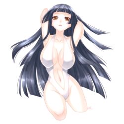  arms_up black_hair brown_eyes commentary_request female kkr long_hair one-piece_swimsuit original solo swimsuit 