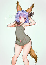  animal_ears armlet armpits arms_up braid brown_gloves commentary_request dog_ears dog_tail dress elin female gloves grey_dress hair_intakes highres kumehara_chiyota legs long_hair open_mouth purple_eyes purple_hair short_dress solo tail tera_online thighs twin_braids twintails 