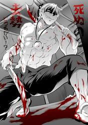  1boy :q axe bandages blood commentary_request constricted_pupils domon_seijirou dual_wielding fukai_ni_nemuru_oujo_no_abaddon grin holding jewelry licking_lips loafers male_focus monochrome muscular necklace nipples open_fly open_pants over_shoulder pants shaded_face shoes smile spot_color squatting tokimachi_eisei tongue tongue_out topless_male translation_request unzipped weapon weapon_over_shoulder 