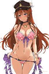  armlet bad_id bad_pixiv_id bangle bikini bikini_pull blush bracelet braid breasts choker cleavage closed_mouth clothes_pull cowboy_shot female front-tie_bikini_top front-tie_top granblue_fantasy hat jewelry lecia_(granblue_fantasy) lecia_(summer)_(granblue_fantasy) long_hair looking_away medium_breasts navel necklace orange_hair polka_dot polka_dot_bikini pulling_own_clothes purple_eyes solo swimsuit takaharu thigh_gap white_background 