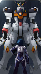  blue_hair crossbone_gundam crossbone_gundam_x-1 from_behind gundam hangar headwear_removed helmet helmet_removed holding_helmet looking_up mecha pilot_suit satosi121 seabook_arno 