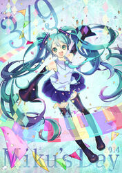  39 character_name commentary_request detached_sleeves female green_eyes green_hair hatsune_miku headset karanashi_mari long_hair miku_day necktie open_mouth piano_keys skirt solo thighhighs twintails very_long_hair vocaloid 