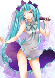  absurdres aqua_hair blue_eyes commentary_request dress female hatsune_miku highres long_hair masumofu microphone one_eye_closed panties smile solo striped_clothes striped_panties twintails underwear very_long_hair vocaloid 