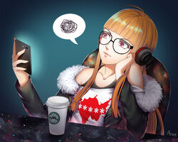  aruetsuto behind-the-head_headphones cellphone coffee collarbone commentary_request female frown fur-trimmed_jacket fur_trim glasses green_jacket headphones jacket long_hair off_shoulder orange_hair persona persona_5 phone photoshop_(medium) red_eyes sakura_futaba smartphone solo spoken_squiggle squiggle 