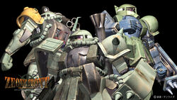  3d black_background copyright_name gun gundam gundam_zeonic_front highres mecha official_art shield simple_background spikes weapon zaku zaku_i zaku_ii 