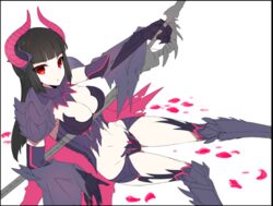  banned_artist black_hair breasts cleavage gore_magala_(armor) hime_cut horns large_breasts long_hair monster_hunter monster_hunter_4 red_eyes solo tetsubuta weapon 