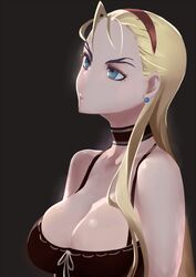  black_dress blonde_hair blue_eyes breasts choker cleavage commentary_request curry_(dbt) dorothy_catalonia dress earrings female forked_eyebrows gundam gundam_wing hair_pulled_back hairband jewelry long_hair looking_away medium_breasts ribbon_choker solo upper_body 