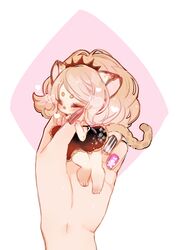  2girls :d animal_ears bad_id bad_pixiv_id barefoot big_hair black_dress blonde_hair blush cheetah_girl chibi citti_(show_by_rock!!) closed_eyes dress fingernails mamaloni multicolored_nails multiple_girls nail_art nail_polish open_mouth out_of_frame show_by_rock!! smile solo_focus tail 