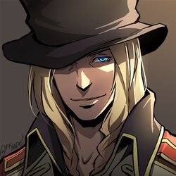  1boy black_hat blonde_hair blue_eyes commentary dio_(kyokugen_dasshutsu) english_commentary grey_background grin hat kyokugen_dasshutsu kyokugen_dasshutsu_adv:_zennin_shibou_desu long_hair looking_at_viewer male_focus melissa_yabumoto portrait smile solo top_hat twitter_username 