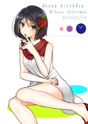  :o bare_legs black_hair blush brown_eyes commentary_request curry_gohan dress female flat_chest flower hair_flower hair_ornament mikasa_ackerman nail_polish parted_lips red_scarf scarf shingeki_no_kyojin shoes short_hair simple_background solo thighs white_background white_dress 